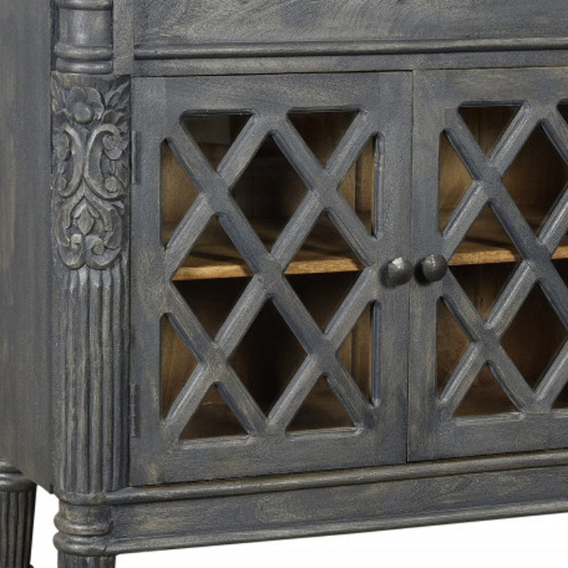 58" Dark Gray Distressed Solid Wood Carved Floral Sideboard With Three Glass Doors