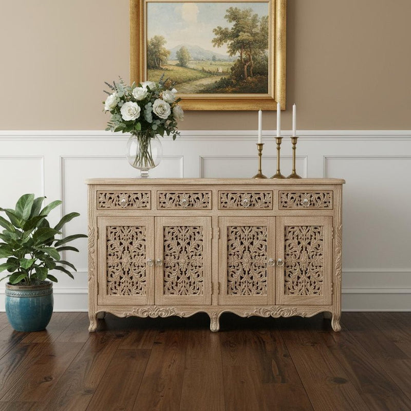 66" Antiqued White Distressed Solid Wood Carved Scrollwork Four Drawer Sideboard With Four Doors