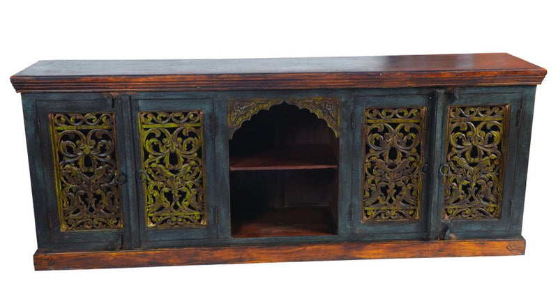 91" Brown Gray and Green Solid Wood Buffet Table with Two Doors