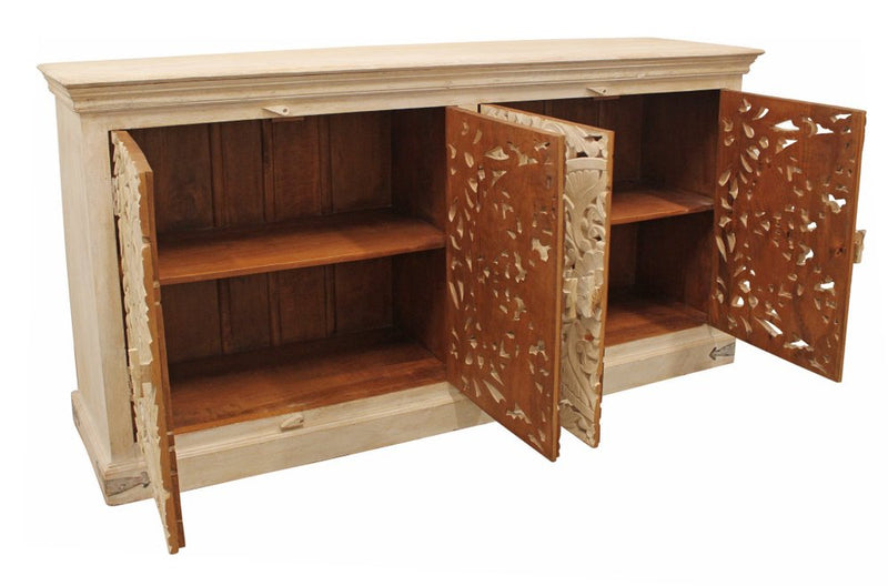 71" Beige Distressed Solid Wood Carved Scrollwork Sideboard with Four Doors