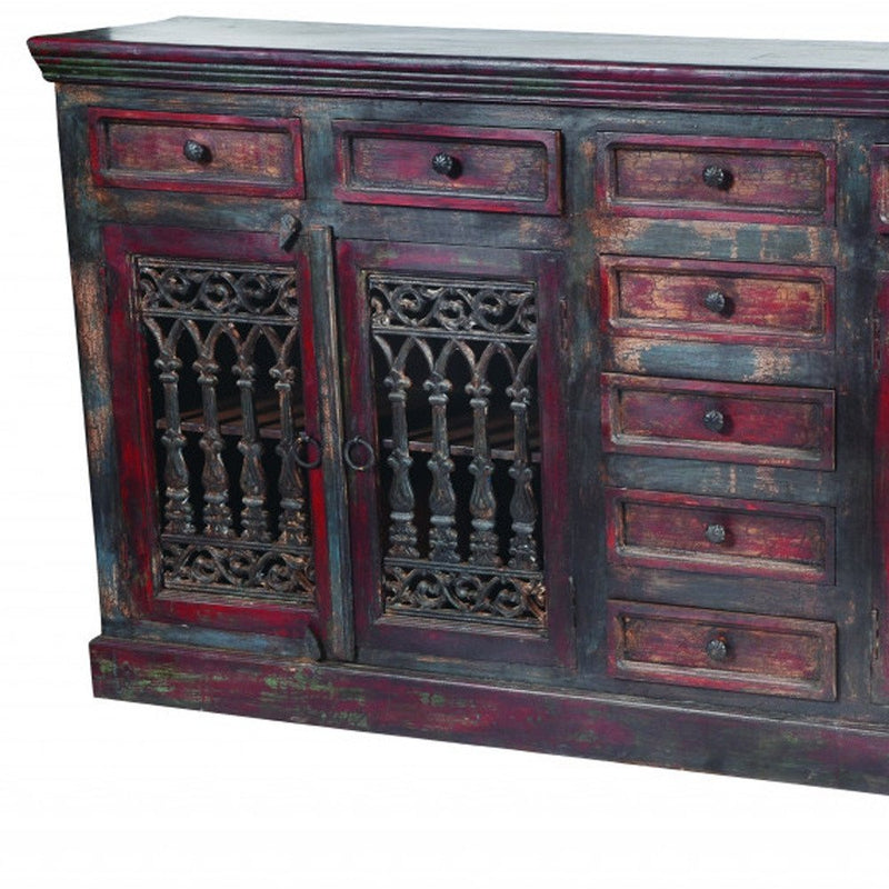 90" Brown Solid Wood Nine Drawer Buffet Table with Four Doors