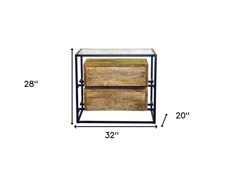 28" Natural Solid Wood and Glass Two Drawer Nightstand