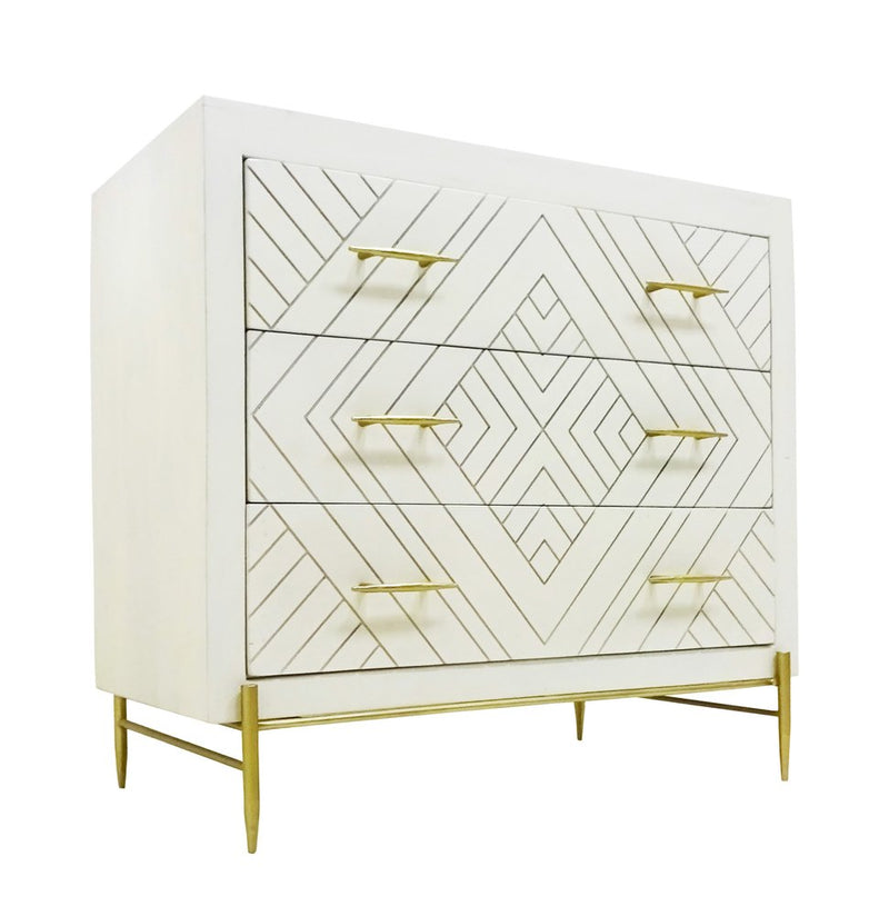 38" Ivory Carved Geometric Solid Wood Three Drawer Dresser