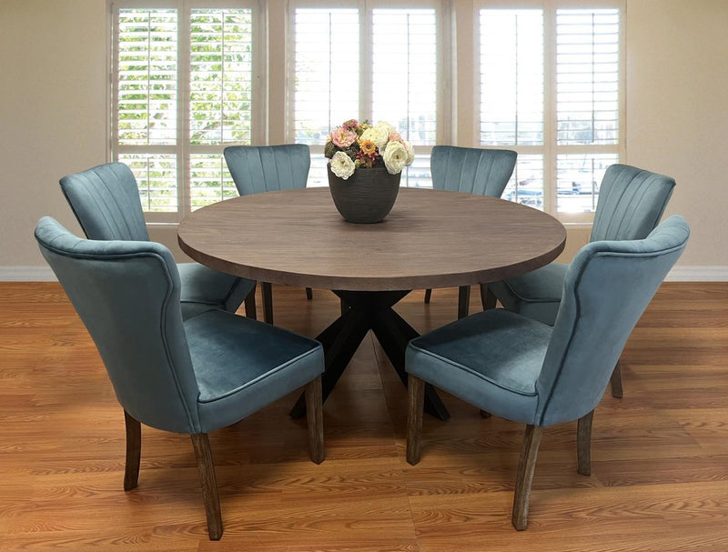 Seven Piece Gray and Black Round Solid Wood Dining Set with Six Chairs