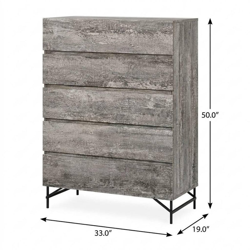 33" Gray Wood Five Drawer Dresser