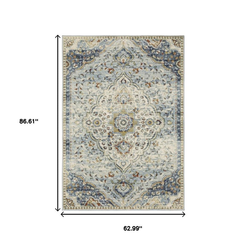 8' X 10' Blue And Beige Oriental Distressed Area Rug