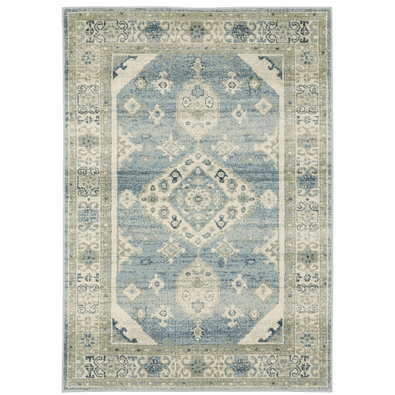 5' X 7' Blue And Beige Oriental Distressed Area Rug