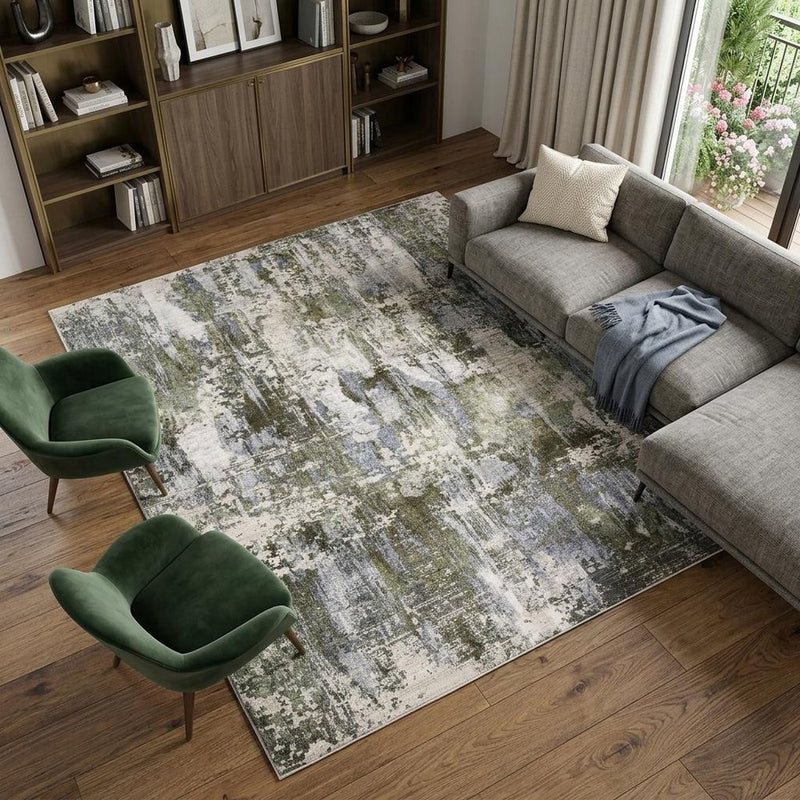 3' X 5' Green Blue Grey Ivory And Brown Abstract Power Loom Stain Resistant Area Rug
