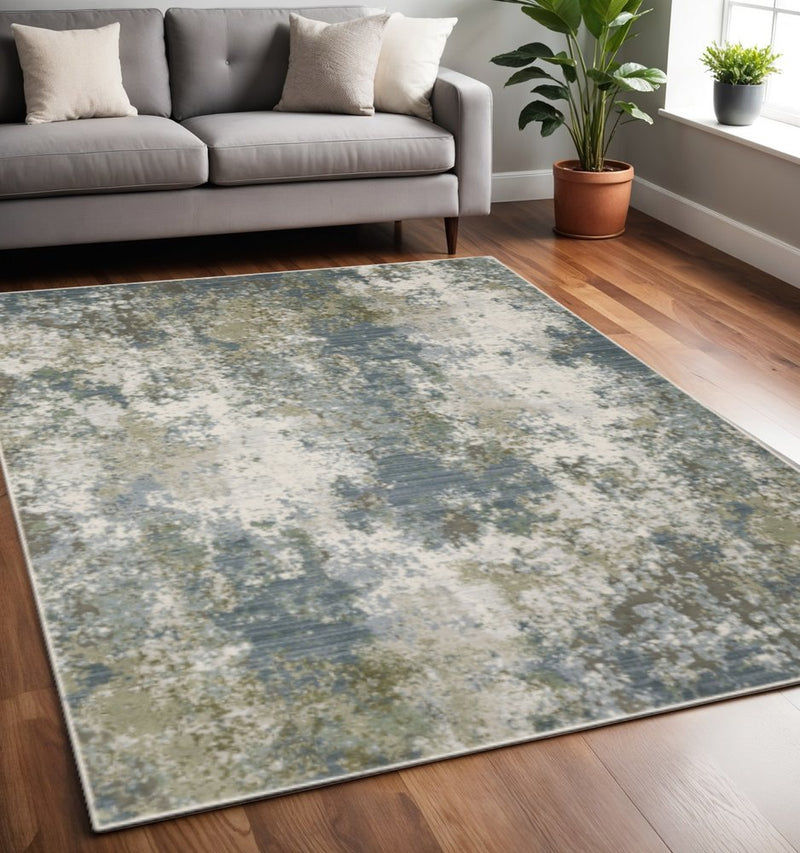 3' X 5' Blue Grey Green And Beige Abstract Power Loom Stain Resistant Area Rug