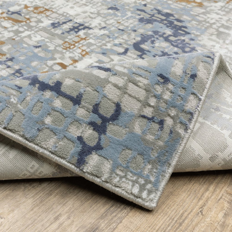 2' X 8' Blue Ivory Grey Brown Beige And Light Blue Abstract Power Loom Stain Resistant Runner Rug