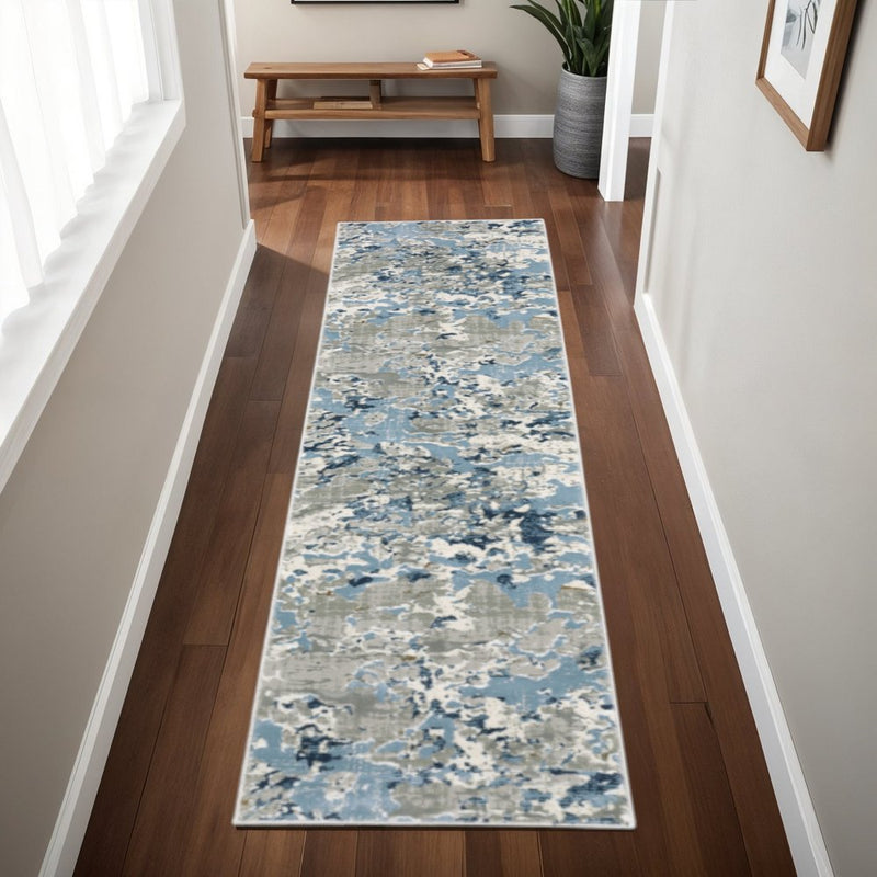 2' X 8' Grey Blue Ivory Navy Beige And Brown Abstract Power Loom Stain Resistant Runner Rug