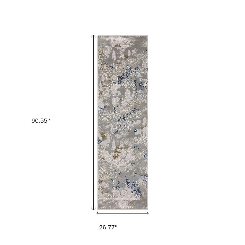 2' X 8' Grey Blue Ivory Brown And Navy Abstract Power Loom Stain Resistant Runner Rug