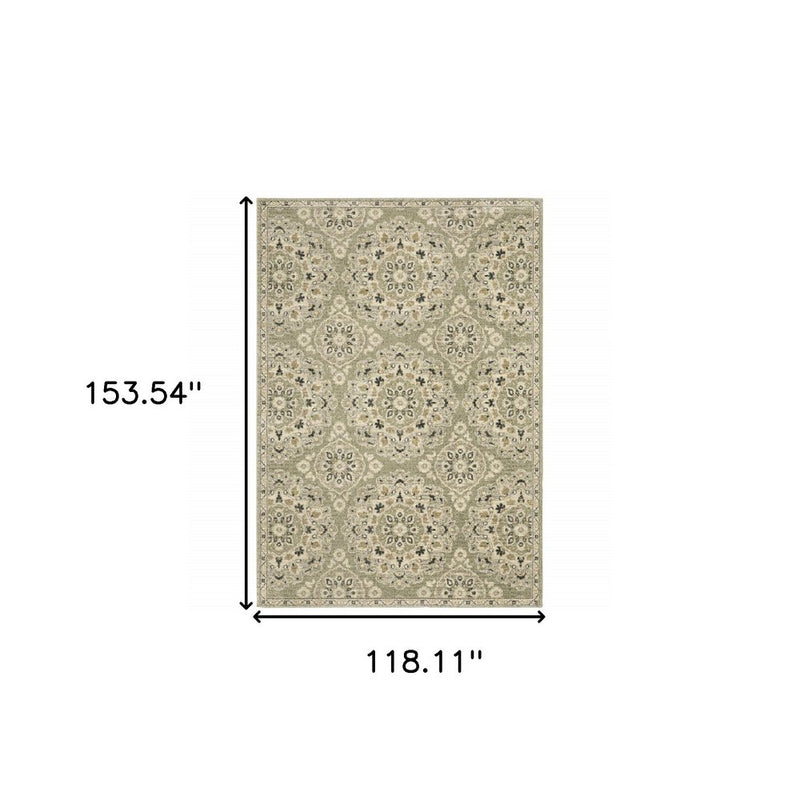 10' X 13' Green Ivory Grey And Tan Floral Power Loom Stain Resistant Area Rug