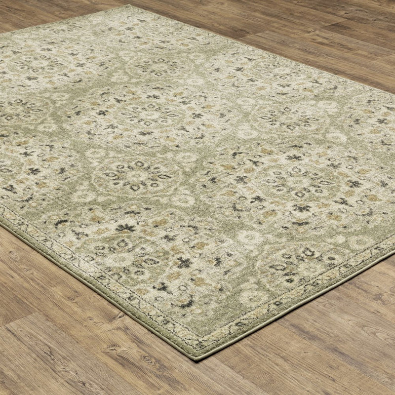 10' X 13' Green Ivory Grey And Tan Floral Power Loom Stain Resistant Area Rug