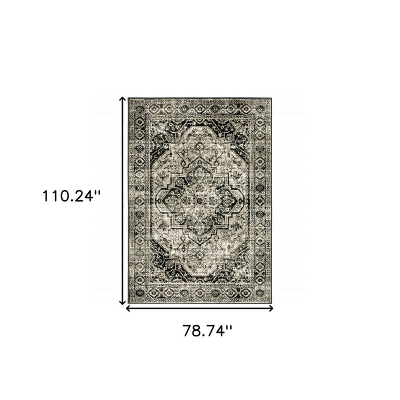 4' X 6' Black Grey Tan And Ivory Oriental Power Loom Stain Resistant Area Rug