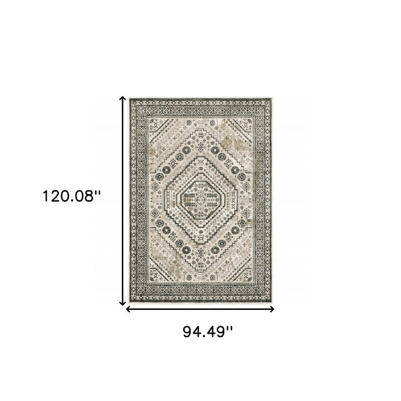 4' X 6' Ivory Grey Black And Ivory Oriental Power Loom Stain Resistant Area Rug