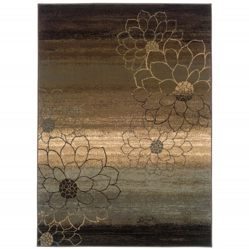8' Brown Round Floral Power Loom Stain Resistant Area Rug