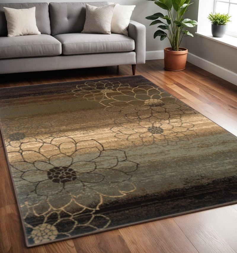8' Brown Round Floral Power Loom Stain Resistant Area Rug