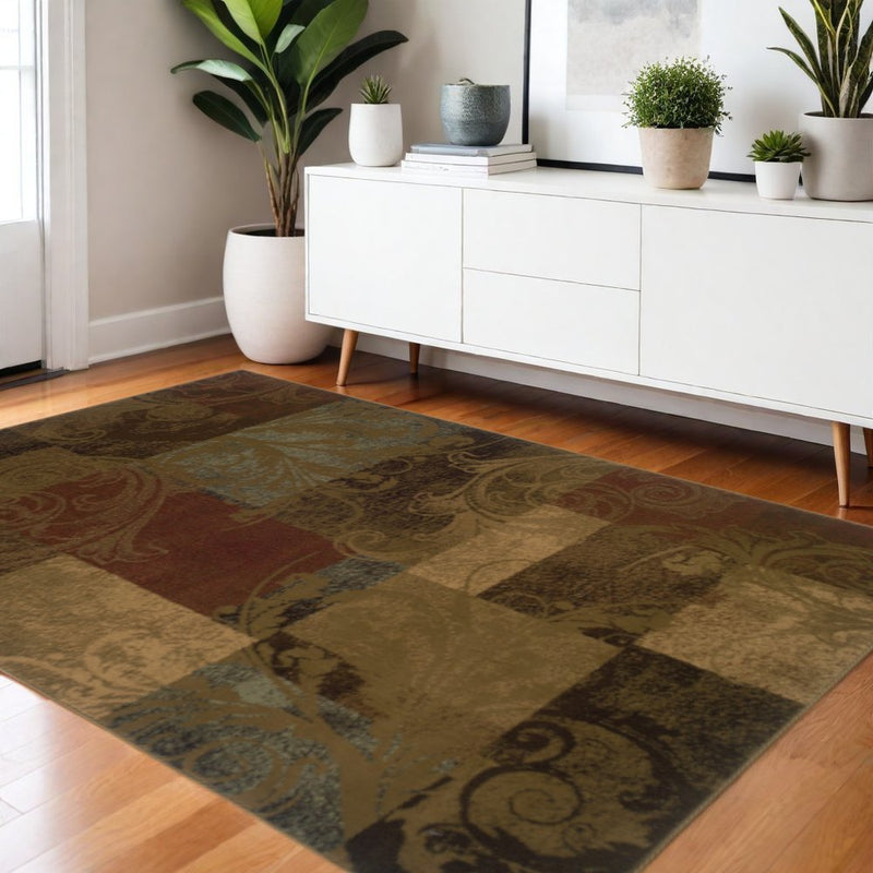 2' X 3' Green And Red Geometric Power Loom Stain Resistant Area Rug
