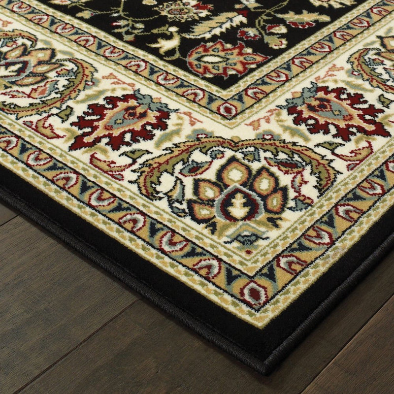 5' X 8' Black And Ivory Oriental Power Loom Stain Resistant Area Rug