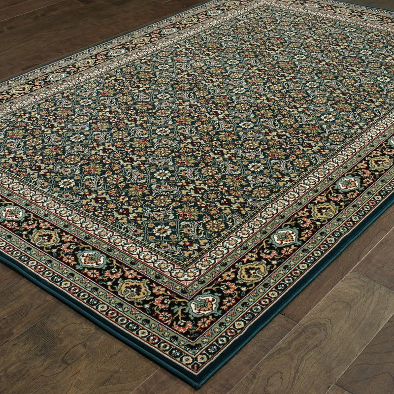 8' X 11' Navy Blue Green Red Ivory And Yellow Oriental Power Loom Stain Resistant Area Rug