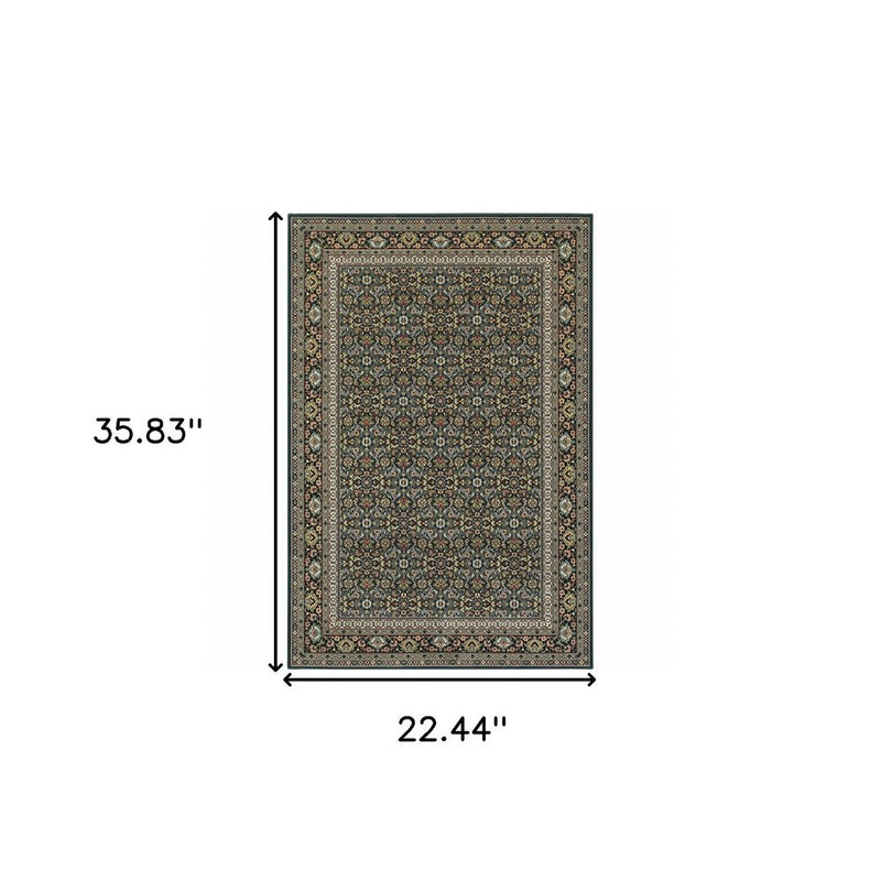 8' X 11' Navy Blue Green Red Ivory And Yellow Oriental Power Loom Stain Resistant Area Rug