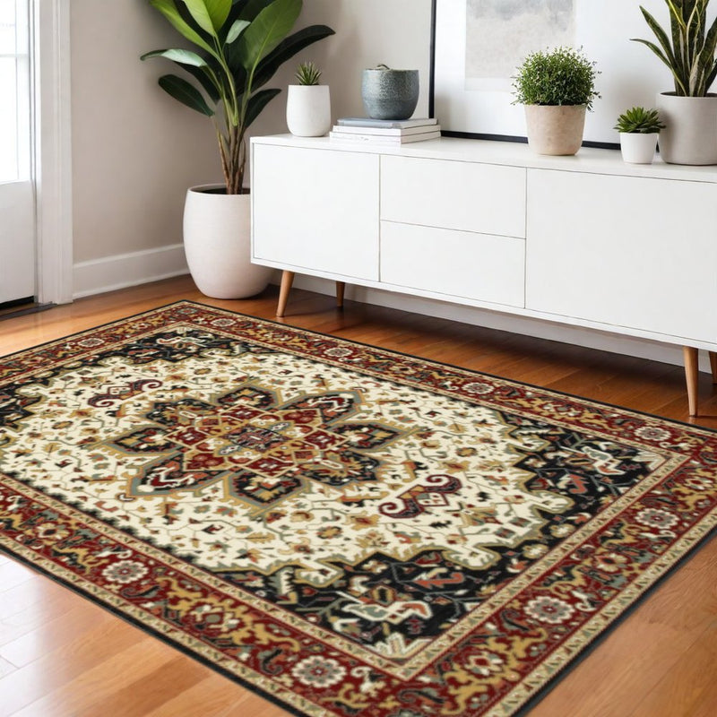 8' X 11' Red And Ivory Oriental Power Loom Stain Resistant Area Rug