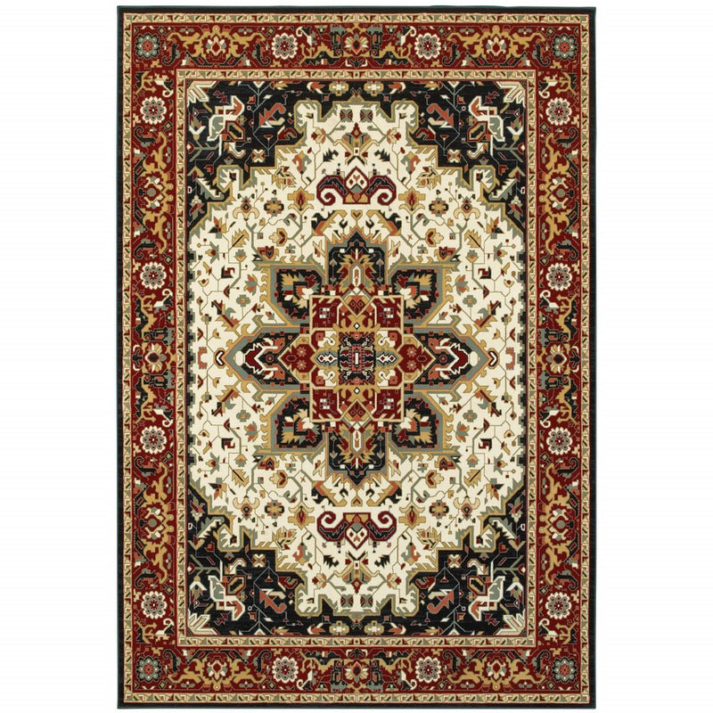 5' X 8' Red And Ivory Oriental Power Loom Stain Resistant Area Rug