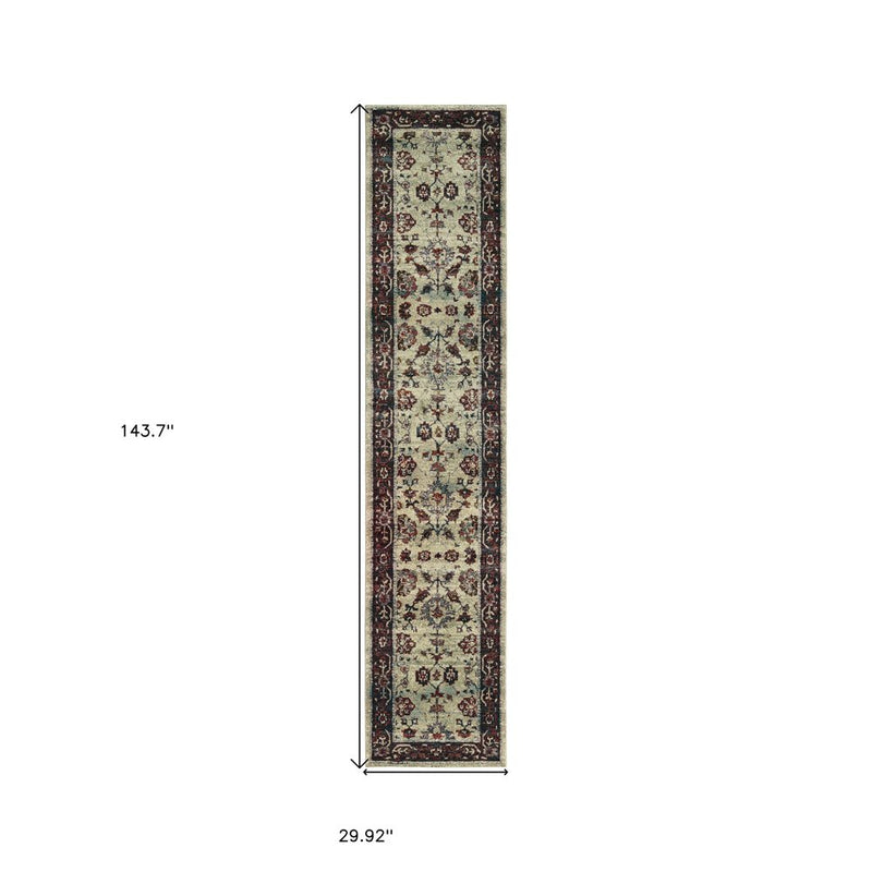 8' Red And Ivory Oriental Runner Rug