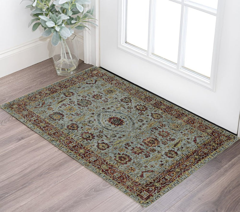 10' X 13' Blue and Green Oriental Power Loom Area Rug