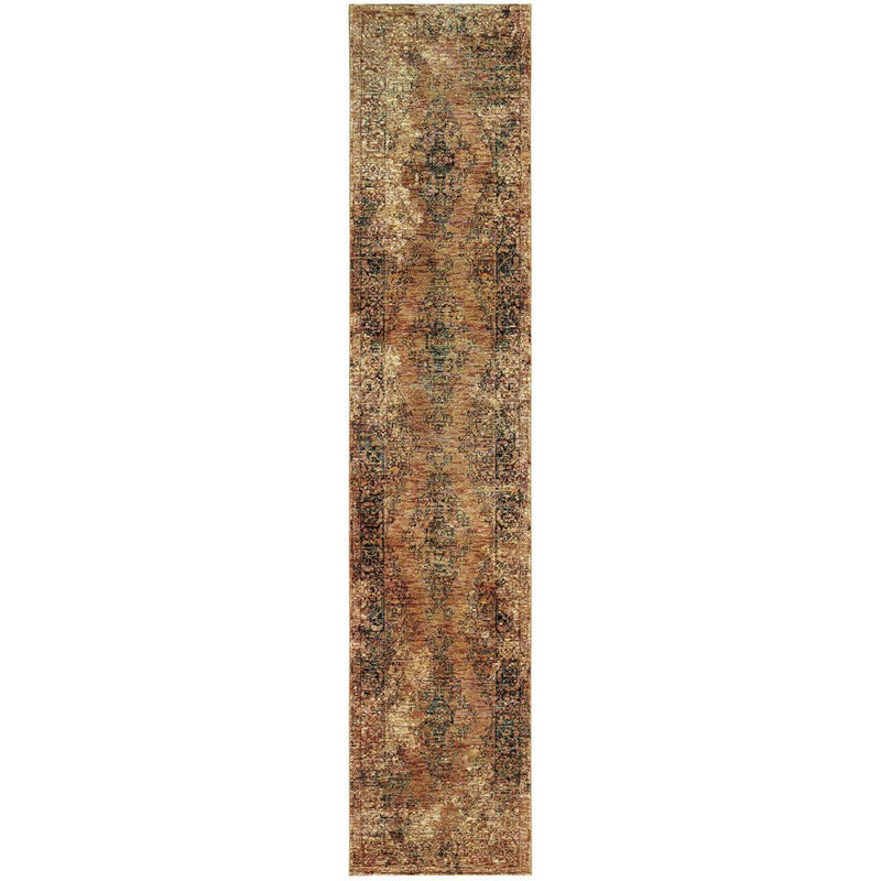 12' Gold And Brown Oriental Distressed Runner Rug