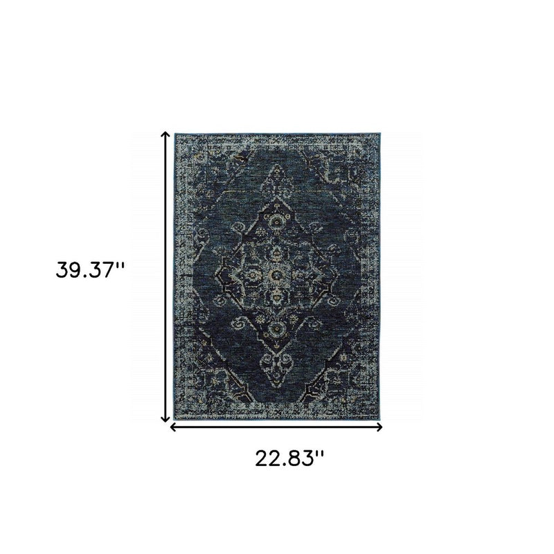 8' X 11' Blue and Black Oriental Power Loom Area Rug