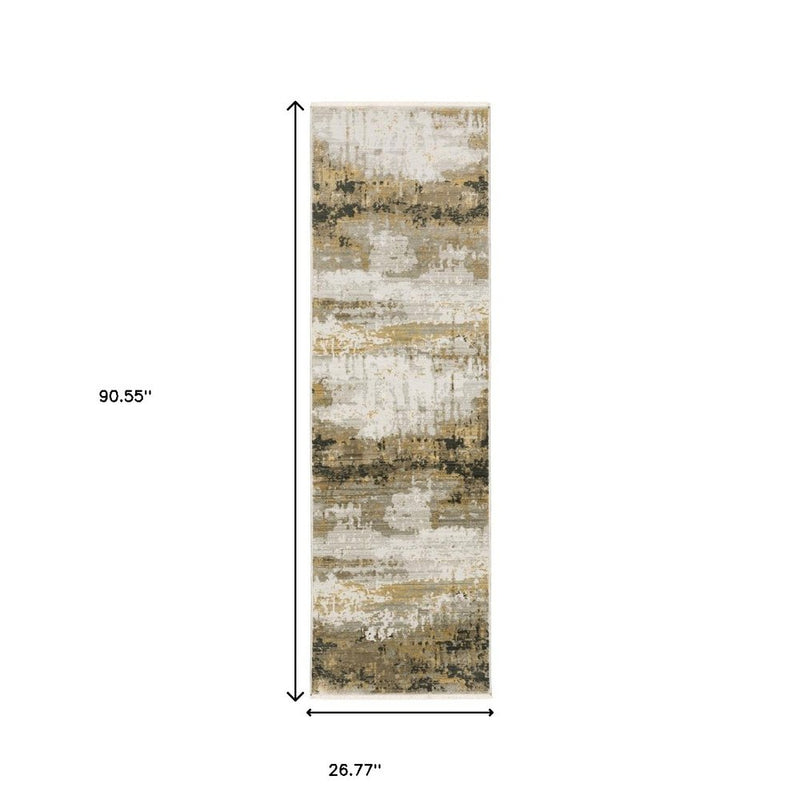 8' Grey Gold Black Charcoal And Beige Abstract Power Loom Runner Rug With Fringe