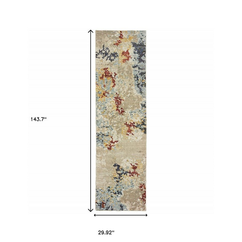 8' Blue And Beige Abstract Runner Rug