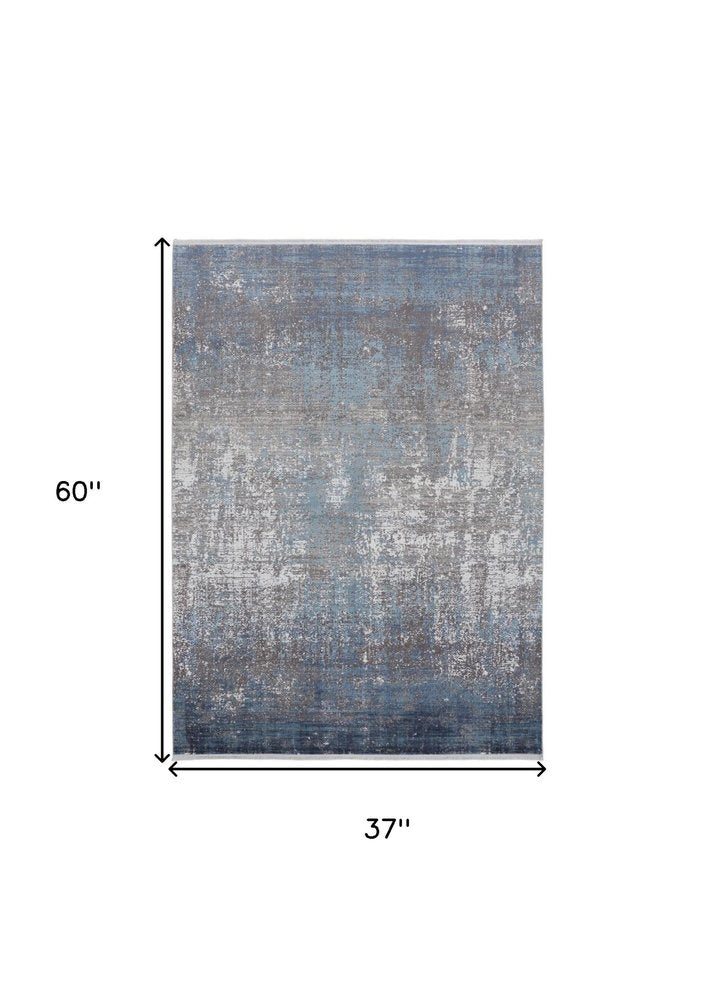3' X 5' Blue and Gray Abstract Power Loom Distressed Area Rug With Fringe