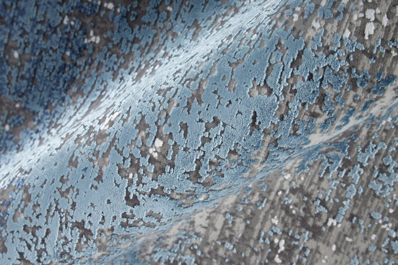 3' X 5' Blue and Gray Abstract Power Loom Distressed Area Rug With Fringe