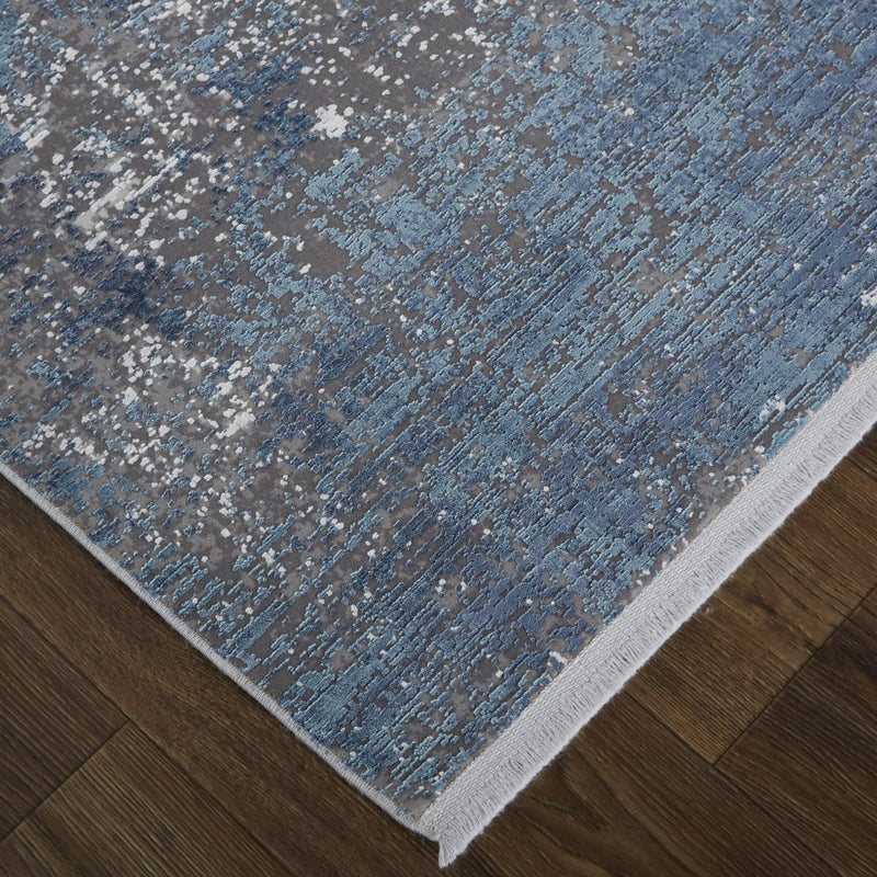 3' X 5' Blue and Gray Abstract Power Loom Distressed Area Rug With Fringe