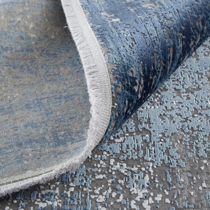 3' X 5' Blue and Gray Abstract Power Loom Distressed Area Rug With Fringe