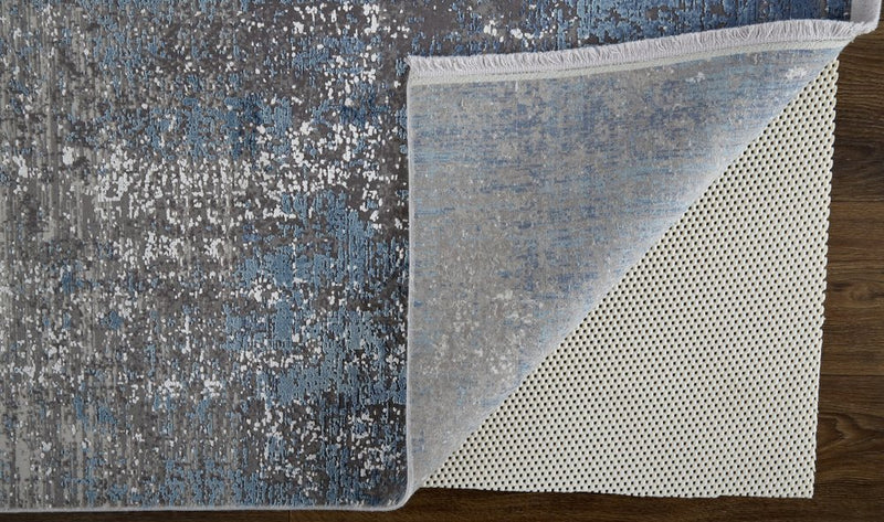 3' X 5' Blue and Gray Abstract Power Loom Distressed Area Rug With Fringe