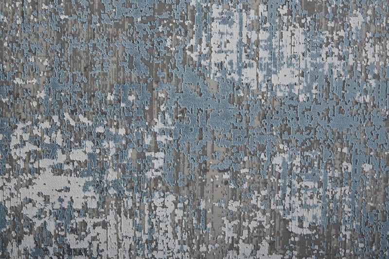 3' X 5' Blue and Gray Abstract Power Loom Distressed Area Rug With Fringe