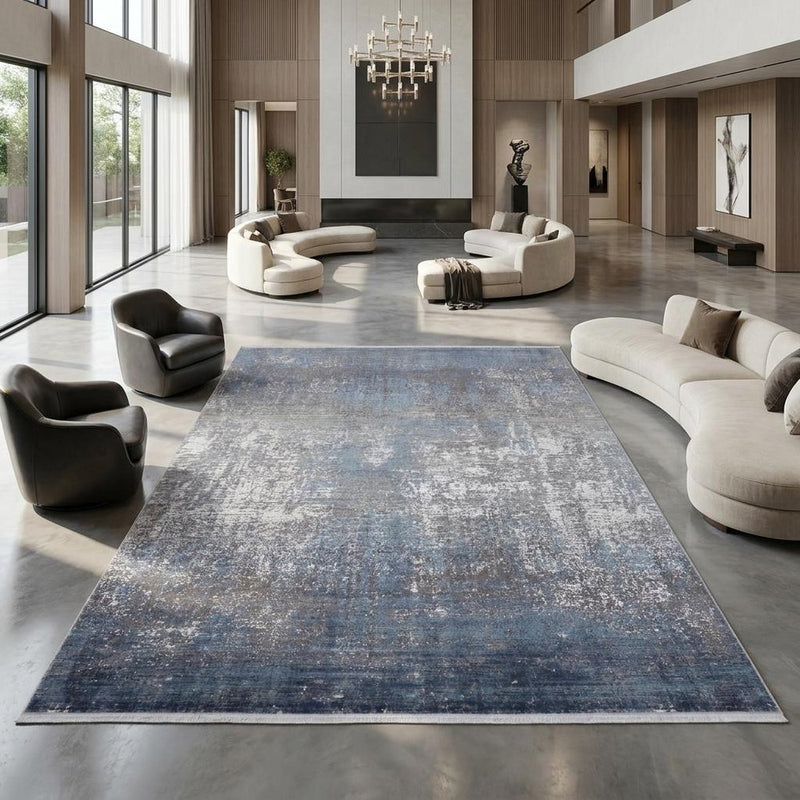 3' X 5' Blue and Gray Abstract Power Loom Distressed Area Rug With Fringe