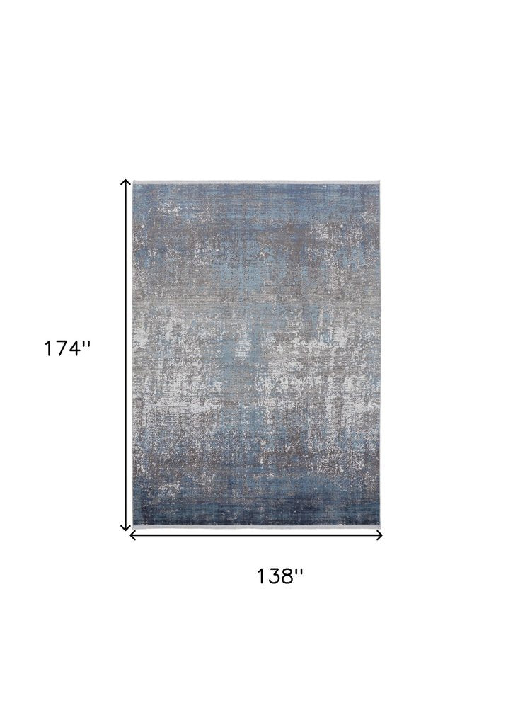 3' X 5' Blue and Gray Abstract Power Loom Distressed Area Rug With Fringe