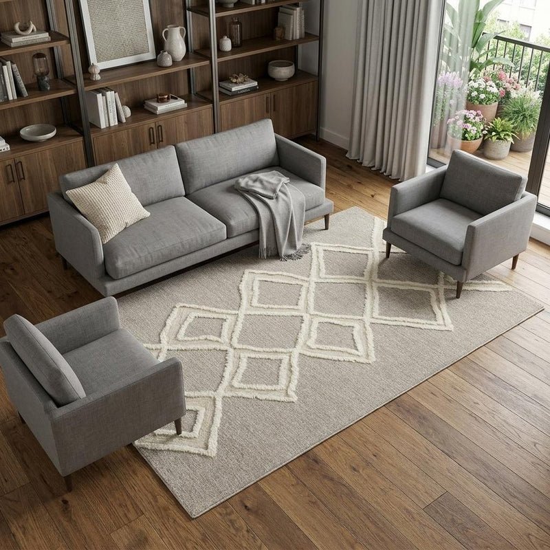 4' X 6' Gray And Ivory Wool Geometric Tufted Handmade Stain Resistant Area Rug