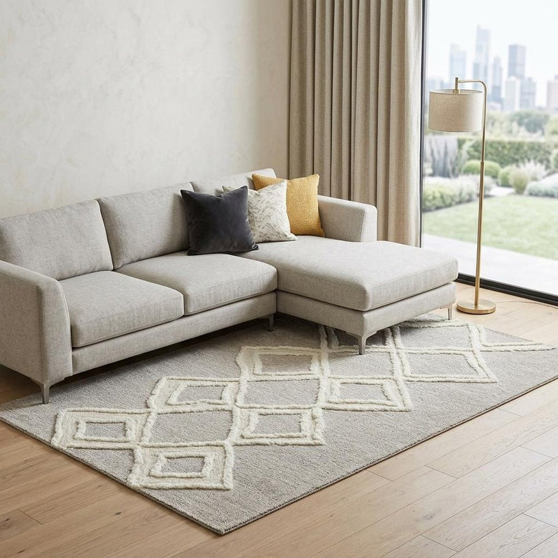 4' X 6' Gray And Ivory Wool Geometric Tufted Handmade Stain Resistant Area Rug