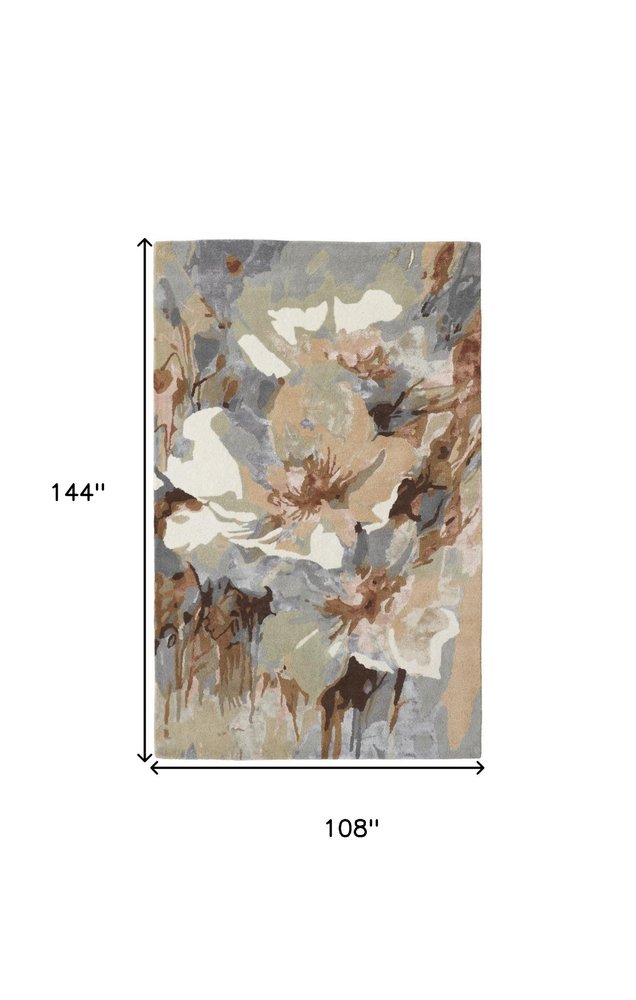 10' X 14' Tan and Gray Wool Floral Hand Tufted Area Rug