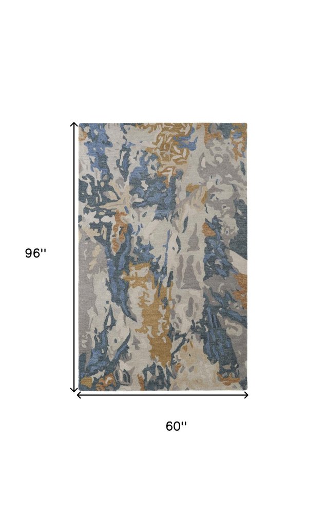 5' X 8' Gray Blue And Gold Wool Abstract Hand Tufted Area Rug