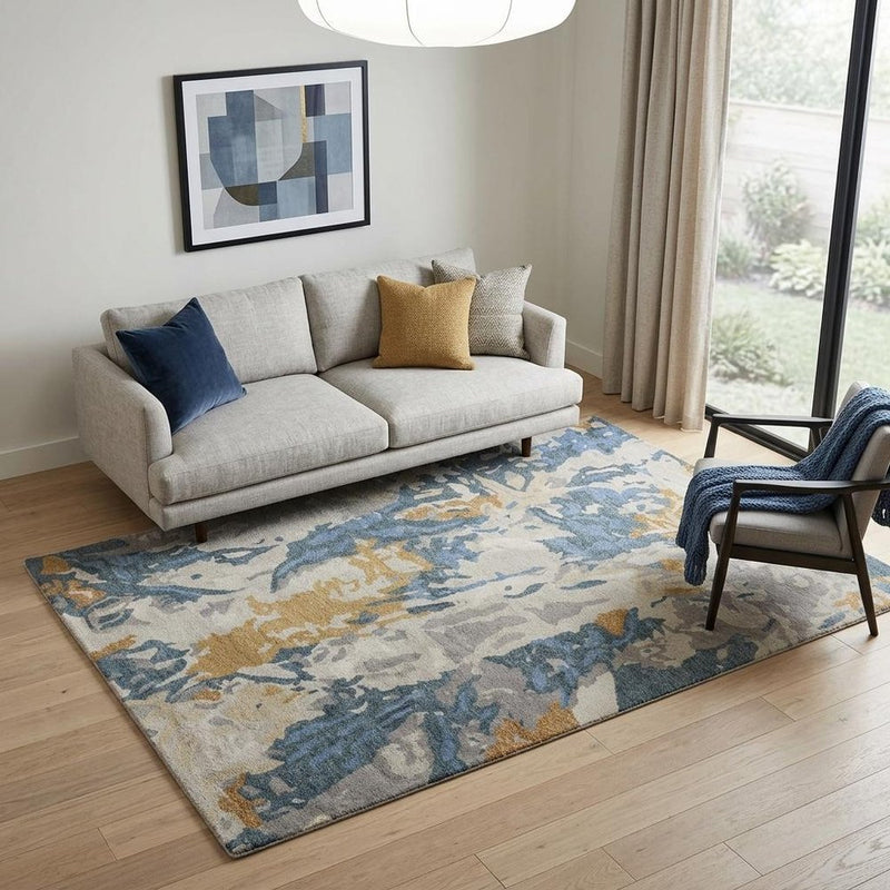5' X 8' Gray Blue And Gold Wool Abstract Hand Tufted Area Rug