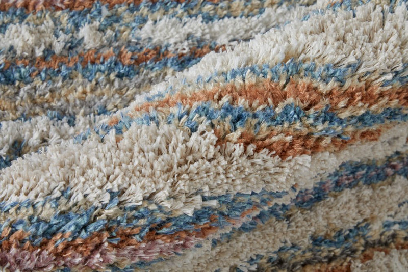 10' X 14' Ivory Blue And Orange Striped Power Loom Stain Resistant Area Rug