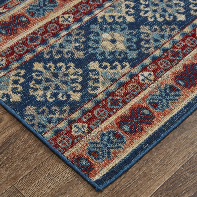 13' X 15' Blue Red And Ivory Geometric Distressed Area Rug
