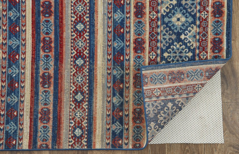 13' X 15' Blue Red And Ivory Geometric Distressed Area Rug